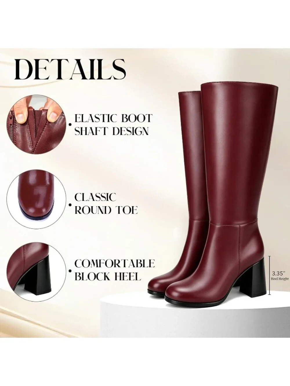 Women's Burgundy Round Toe 3.35 Inch Chunky Block Heel Slouchy Knee High Boots